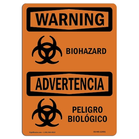 Signmission OSHA Warning Sign, 12" H, 18" W, Rigid Plastic, Biohazard Bilingual, Landscape, WS-P-1218-L-12491 OS-WS-P-1218-L-12491